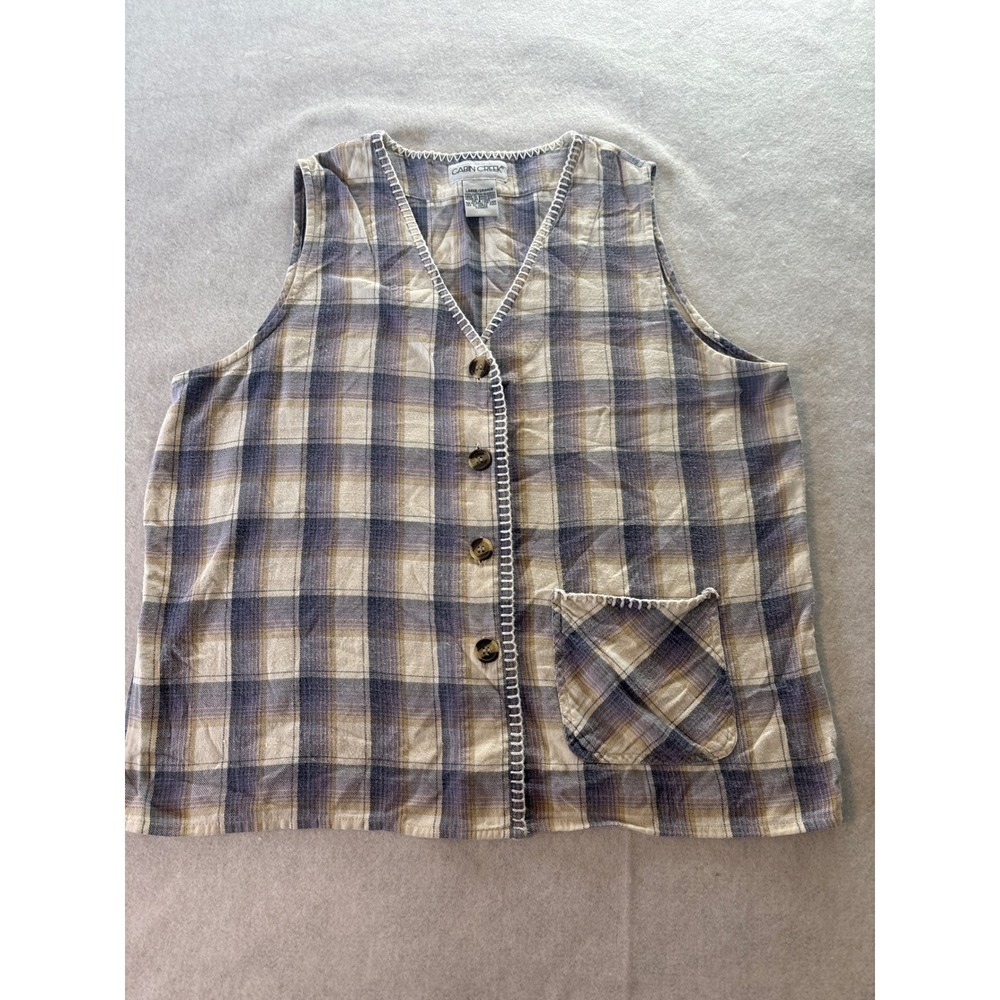 Cabin Creek Womens Large Blue Tan Plaid Cotton‎ Button Front Vest Blanket Stitch